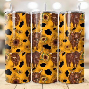 Highland Cow and Sunflower Tumbler Wrap – 20 oz Seamless PNG for Sublimation – Rustic Farm Livestock Digital Download Western Floral Design