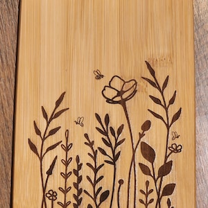 Wild Flower and Bees, western, country etched Bamboo Wood Cutting Board   - 8 x 6  inches