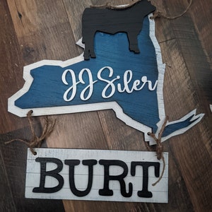 New York Stall Sign – Custom State Shaped Livestock Tag for 4H & FFA – Personalized Barn Sign for Steer, Pig, Goat, Lamb, Turkey, NY