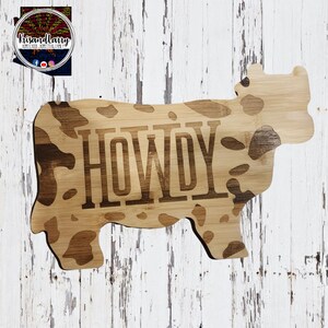 HOWDY Cow Print Bamboo Cutting Board | Western Farmhouse Kitchen Décor | Rustic Country Gift | Cow Shaped Board