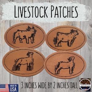 Oval Leatherette Livestock Patch – Steer, Pig, Goat, Lamb with Wildflowers – 3&quot;x2&quot; Hat or Jacket Patch – Brown/Orange Laser Etched