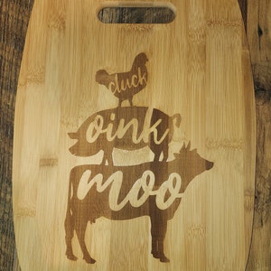 Livestock Animal, farm animal, cluck, chicken, oink, pig, moo, cow,  bamboo cutting board - Large Arc