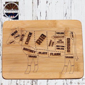mini Steer cutting board, Butcher Meat Cuts, western, country etched Bamboo Wood Cutting Board   - 8 x 6  inches, 4H ffa, etched