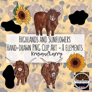 Highland Cow & Sunflowers Clipart Set – Farm Animal PNG Bundle – Hand-Drawn Western Livestock Art – Digital Download