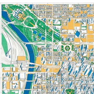 1984 Karte von Philadelphia, Stadtzentrum von Architekt und Künstler David A. Fox, von hand gezeichneten drei Farbe Trennung Luftaufnahme von Zentrum der Stadt