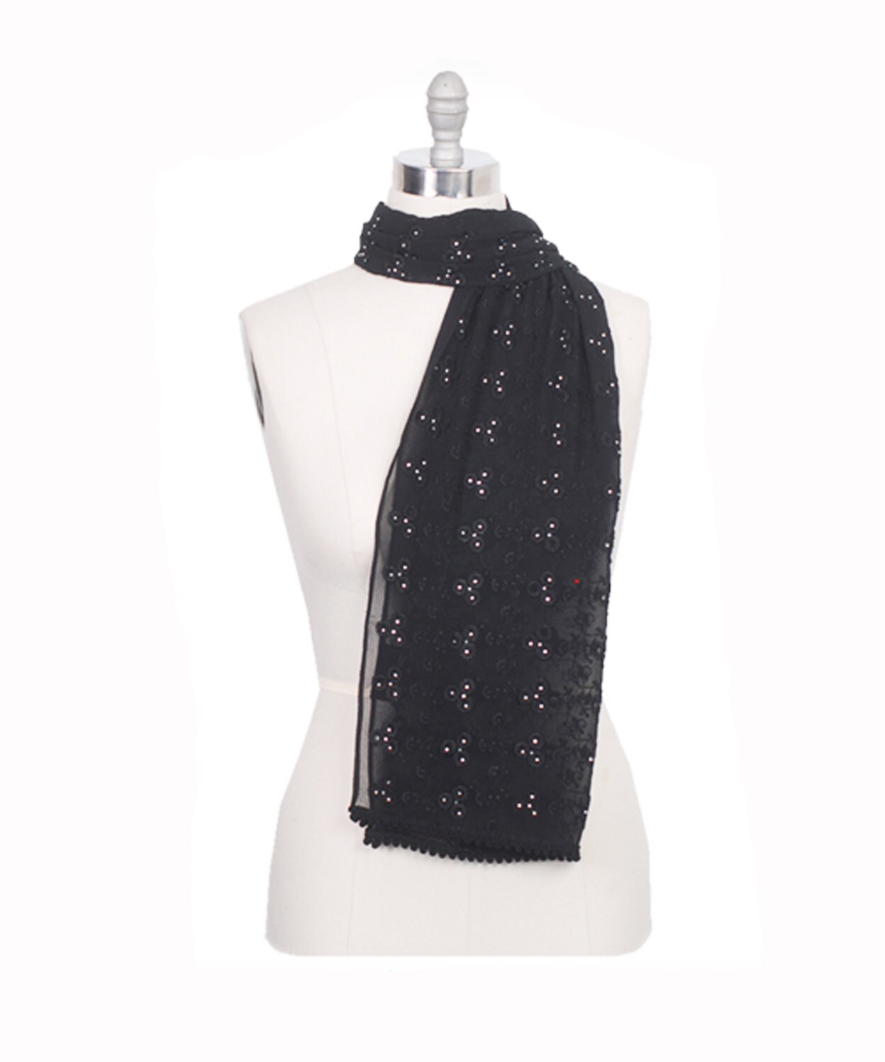 Women Embroidered Black Diamante Scarf w/ Pom Pom Black Etsy