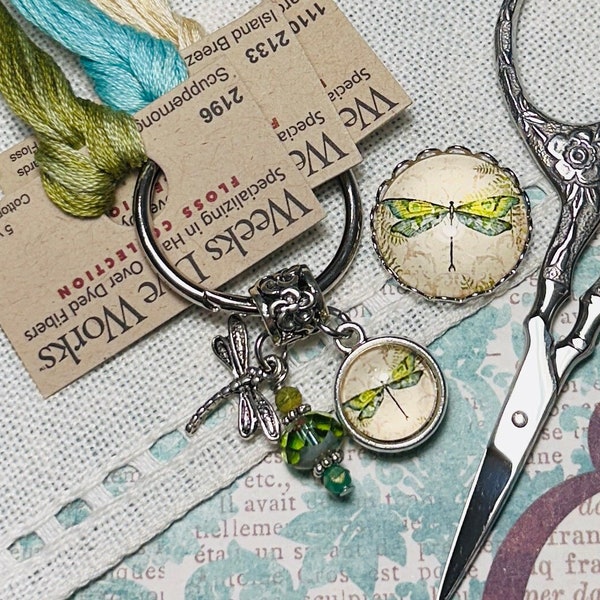 Green Dragonfly ~ Beautiful Thread Keep & Needle Minder ~ Needlework Set ~  Olive Green, Blue, Cream, Mocha Brown ~ Thread Ring Nanny