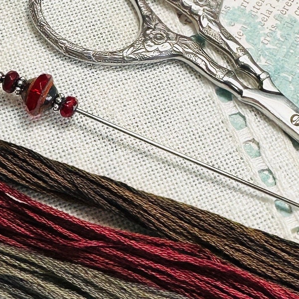 Regally Red Counting Pin ~ Needlework Accessory ~ Cross Stitch Embroidery ~ Dark Red Czech Glass ~ Marking Pin, Pin Cushion ~ Beautiful Gift