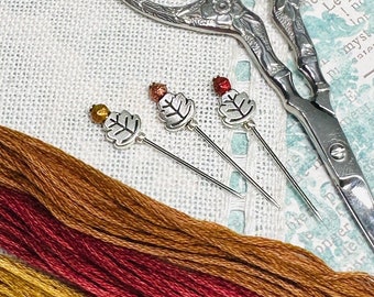 Fall Leaf Trio ~ Marking Pin Set ~ Counting Pins ~ Gold, Brown, Rose, Red ~ Needles ~ So sweet and a great gift!