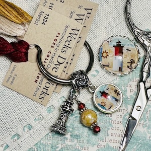 Lighthouse Cape Cod Nauset ~ Thread Keep & Needle Minder ~ Red, White, Gold ~ Czech Glass