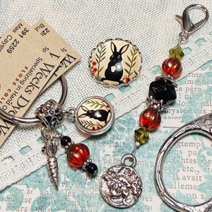 Rabbit ~ Scissor Fob, Needle Minder, Thread Keep ~ Orange, Black, Green, Coral Pink ~ Swarovski Crystal