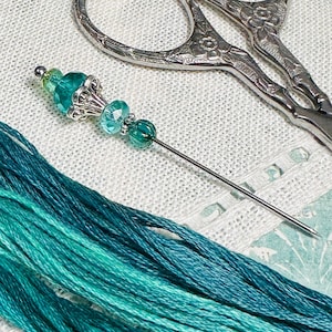 Aqua Tulip Counting Pin ~ Needlework Accessory ~ Cross Stitch Embroidery ~ Blue, Iridescent Teal, Silver ~ Marking Pin, Pin Cushion