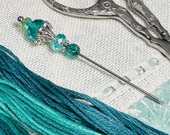 Aqua Tulip Counting Pin ~ Needlework Accessory ~ Cross Stitch Embroidery ~ Blue, Iridescent Teal, Silver ~ Marking Pin, Pin Cushion