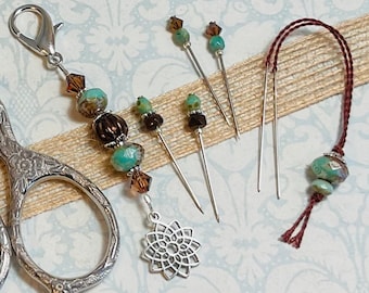 Turquoise and Mocha Mini Fob Set ~ Scissor Fob, Thread Hopper, Marking Pins ~ Flower Charm