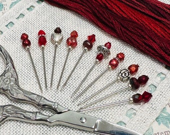 Valentine's Red ~ Marking Pin Set ~ Pretty Sewing Counting Pins ~ Needles ~ sweet and a great gift! ~Embroidery Accessory