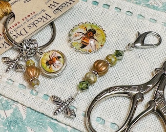 Just Bee ~ Scissor Fob, Thread Keep, Needle Minder ~ gold, yellow, green ~ Swarovski Crystal