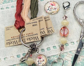Love and Flowers ~ Thread Keep, Needle Minder, Scissor Fob ~ Pink, Cream ~ Heart Charm