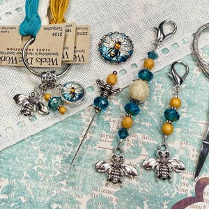 Stained Glass Bee ~ Scissor Fob, Thread Keep, Needle Minder, Counting Pin ~ Gold, Blue, Black