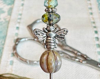 Sage Bee Counting Pin ~ Soft Country Green ~ Czech Glass Beaded Needlework Accessory