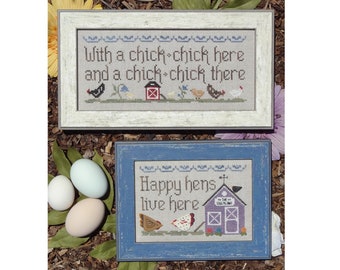 May include: Two framed cross-stitch pieces with a chicken theme. The top frame has a white background with the text "With a chick-chick here and a chick-chick there". The bottom frame has a purple background with the text "Happy hens live here".