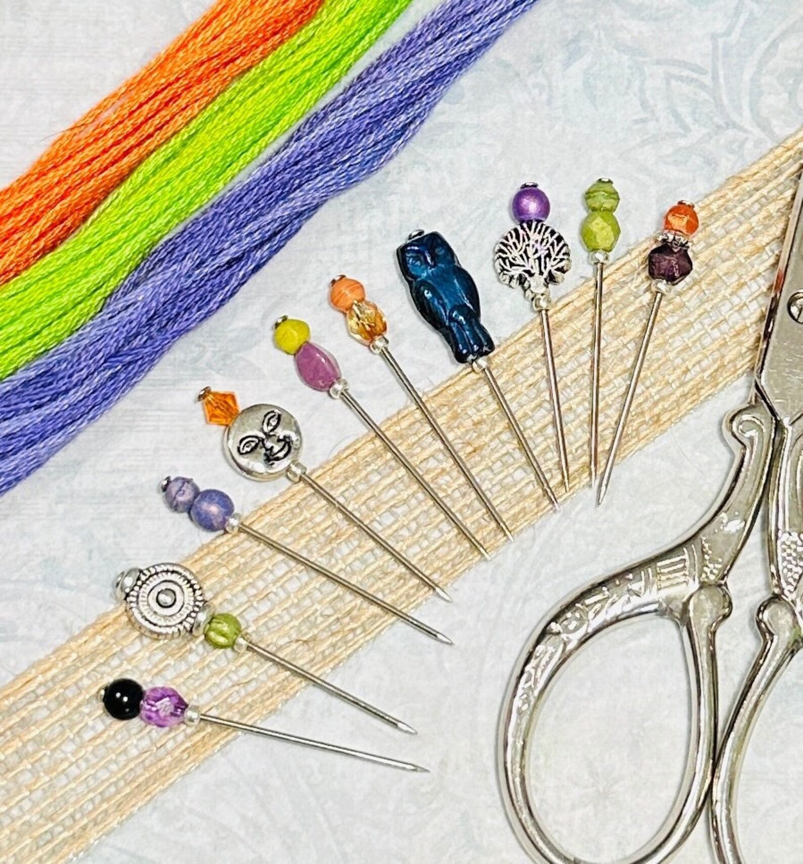 Falling Writing Pin Czech Glass Counting Pins ~ Funky Fall Marking Pin Set ~ Owl, Spiral ...