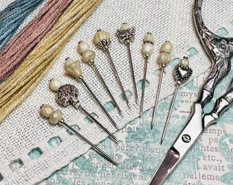 Czech Glass Counting Pins ~ Ivory Colored Sewing Needles ~ Marking Pin Set