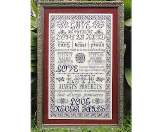 I Corinthians 13 The Love Chapter Bible Christian Antique Reproduction Style Cross Stitch Pattern My Big Toe Designs ~ PDF Instant Download