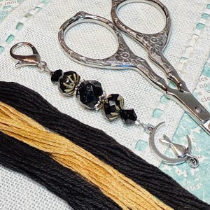 Black Cat Mini Scissor Fob ~ Cat in Moon Crescent Charm Pendant ~ Black, Gold, Silver ~ Swarovski Crystal ~ Cute Gift ~ My Big Toe Designs