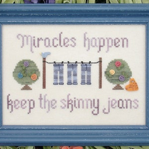 Könnte beinhalten: Kreuzstich-Stickerei in einem blauen Holzrahmen mit dem Text "Miracles happen keep the skinny jeans". Das Design zeigt einen Vogel auf einer Wäscheleine mit hängenden Jeans, zwei Bäume mit Blumen und eine Katze.