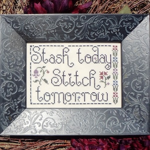 Puede incluir: Un bordado de punto de cruz enmarcado con el texto "Stash today, Stitch tomorrow" en un marco negro con un diseño ornamentado.