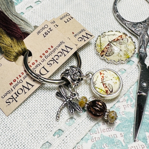 Mocha Dragonfly ~ Beautiful Thread Keep & Needle Minder ~ Needlework Set ~  Antique Olive Green, Blue, Cream, Brown ~ Thread Ring Nanny