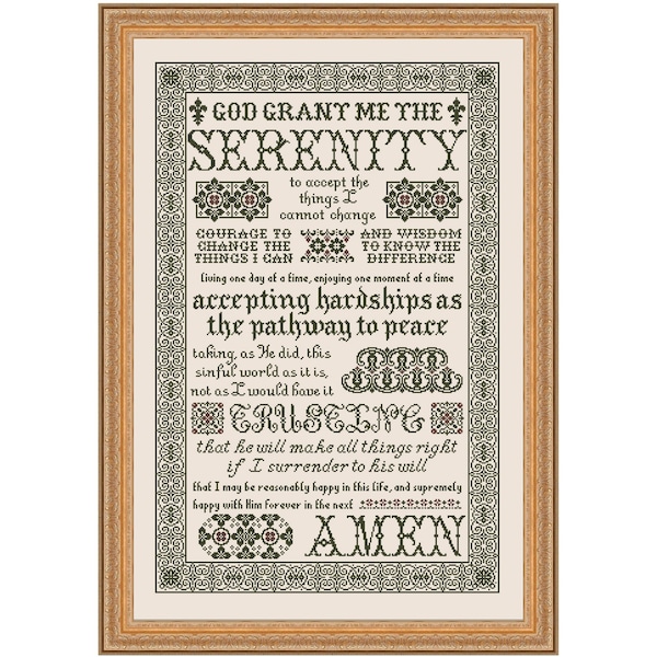 Serenity Prayer Inspirational Large Antique Reproduction Style Cross Stitch Pattern My Big Toe Designs ~ PDF Instant Digital Download