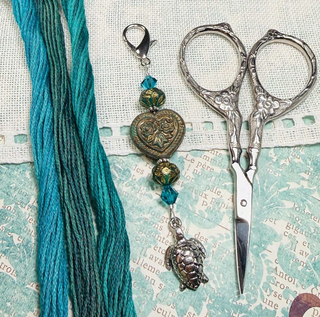 Ocean Heart Scissor Fob ~ Turtle Charm ~ Aqua, Blue ~ Swarovski Crystal ...