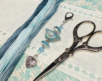 Sky Blue Bird Scissor Fob ~ Heart Charm ~ Swarovski Crystal