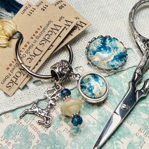 Winter Deer ~ Thread Keep & Needle Minder ~ Blue, White, Ivory ~ Scrolled Deer Charm