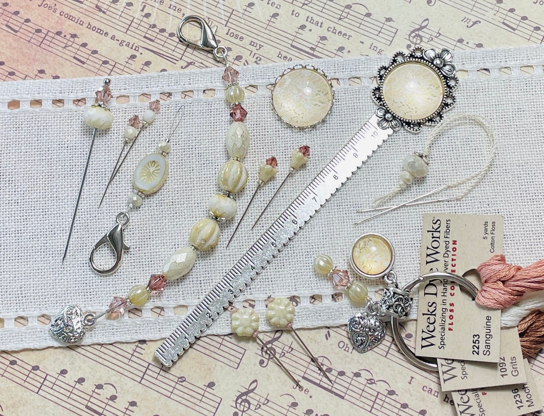 Vintage Cream Embroidery Accessory Set ~ Scissor Fob, Pins, Thread Keep ...