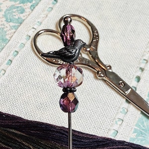 Violet Blackbird Counting Pin ~ Purple, Black, Charcoal ~ Czech Glass Beaded Needlework Accessory