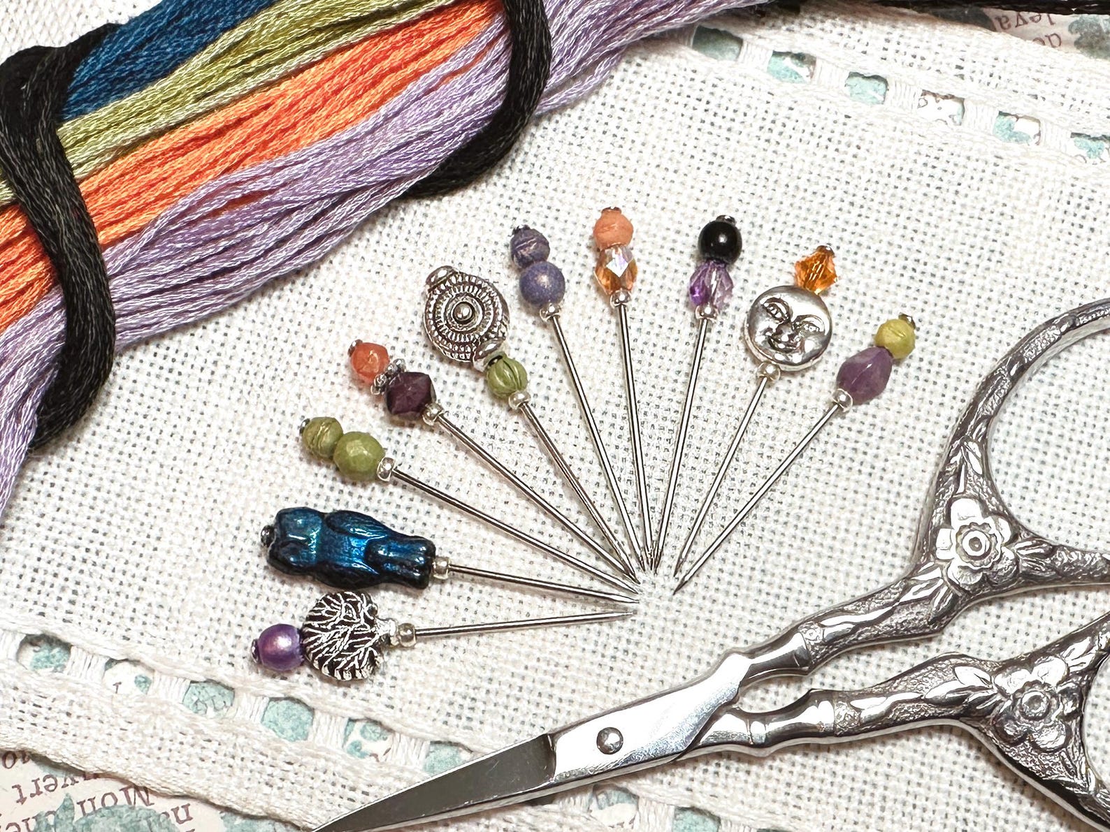 Falling Writing Pin Czech Glass Counting Pins ~ Funky Fall Marking Pin Set ~ Owl, Spiral ...