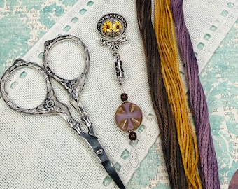 Sunflower Needle Minder and Detachable Wire Needle Threader ~ Purple, Mocha Brown, Yellow