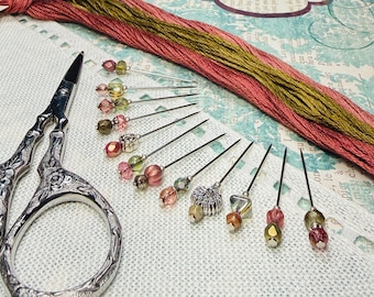 Czech Glass Counting Pins ~ Olive and Rose Colored Sewing Needles ~ Marking Pin Set