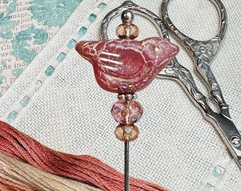 Rose Gold Bird Counting Pin ~ Pink, Peach ~ Czech Glass Beaded Needlework Accessory