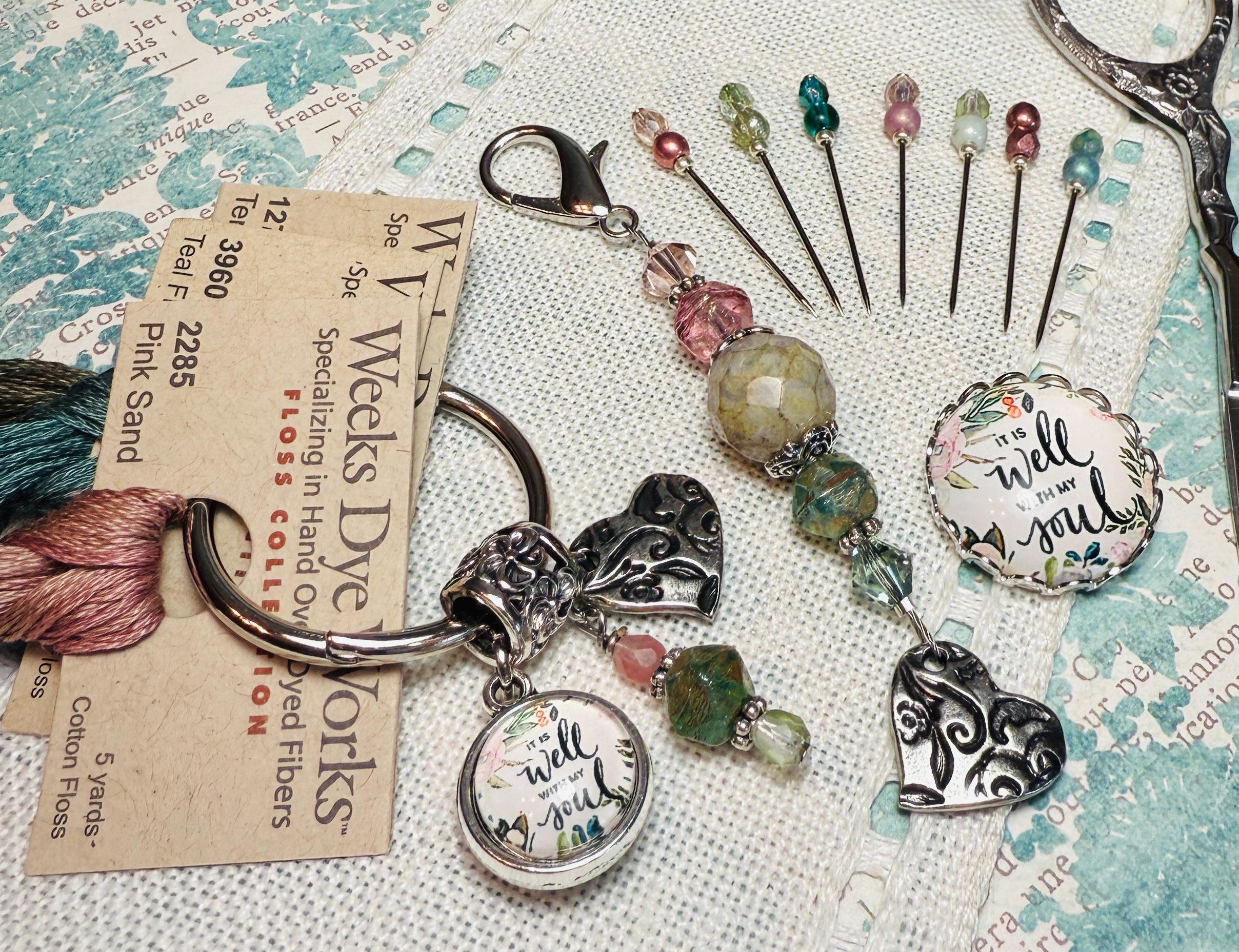 It Is Well ~ Thread Keep, Scissor Fob, Marking Pins, Needle Minder ~ Needlework Accessory Set ~ Thread Ring Pendant Counting Pins Magnet