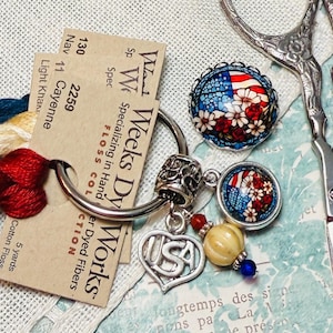 Americana Flowers ~Thread Keep & Needle Minder Set ~ Red, White Blue ~ Heart Charm