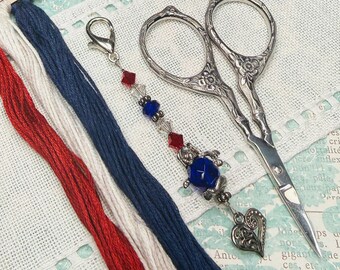 Americana Dog Scissor Fob ~ Heart Charm ~ Red, White, Blue ~ Swarovski Crystal