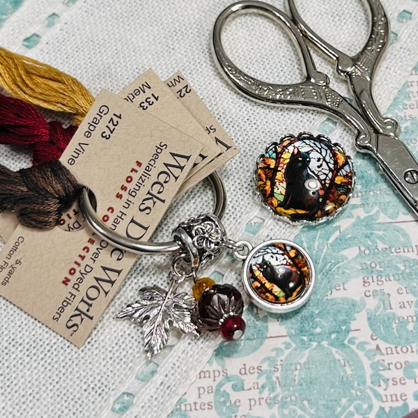 Fall Cat ~ Needlework Accessory Set ~ Needle Minder & Thread Keep Ring ~ Brown, Red, Gold, Black ~ Great Gift ~ Cute! Leaf Charm Pendant