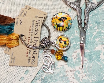 Summer Dog ~ Thread Keep & Needle Minder ~ Yellow Gold, Blue, Brown ~ Flower Charm