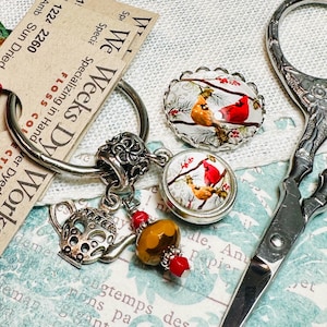 Winter Birds ~ Thread Keep & Needle Minder ~ Gold, Red, Green ~ Teapot Charm