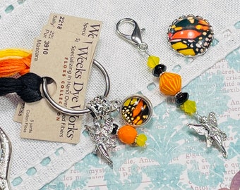 Butterfly Fairy Wings ~ Needlework Accessory Set ~ Mini Scissor Fob, Thread Keep, Needle Minder ~ Monarch Black, Orange Yellow ~ Great Gift