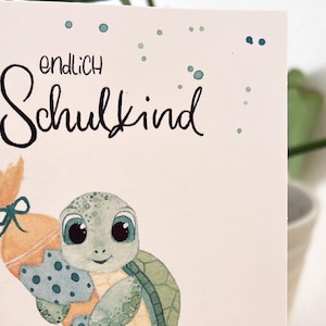 Einschulung, personalisierte Glückwunschkarte, Schildkröte mit Schultüte, endlich Schulkind