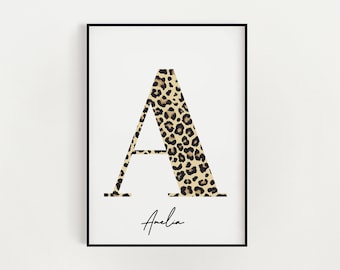 Impresión inicial de leopardo, póster inicial, arte de pared de animal leopardo, idea de regalo de cumpleaños, dormitorio infantil de niñas leopardo, regalo para niñas, póster con nombre